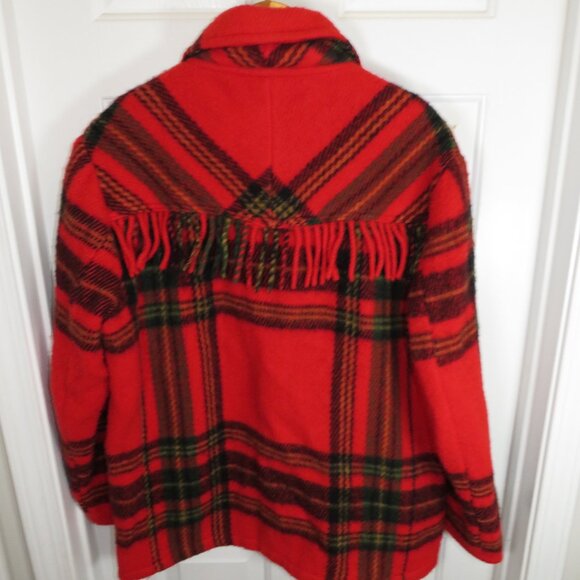 Vtg Lapp Lander 100% Wool Norway Fringe Blanket Full Zip Jacket 70s Red Plaid L - Picture 4 of 5
